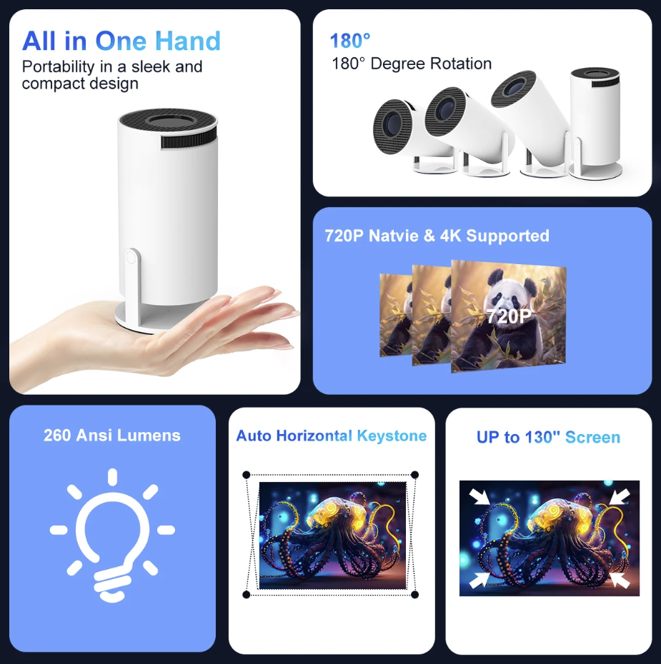 Portable Wireless Projector – (Native HD Resolution) & 130" Display)