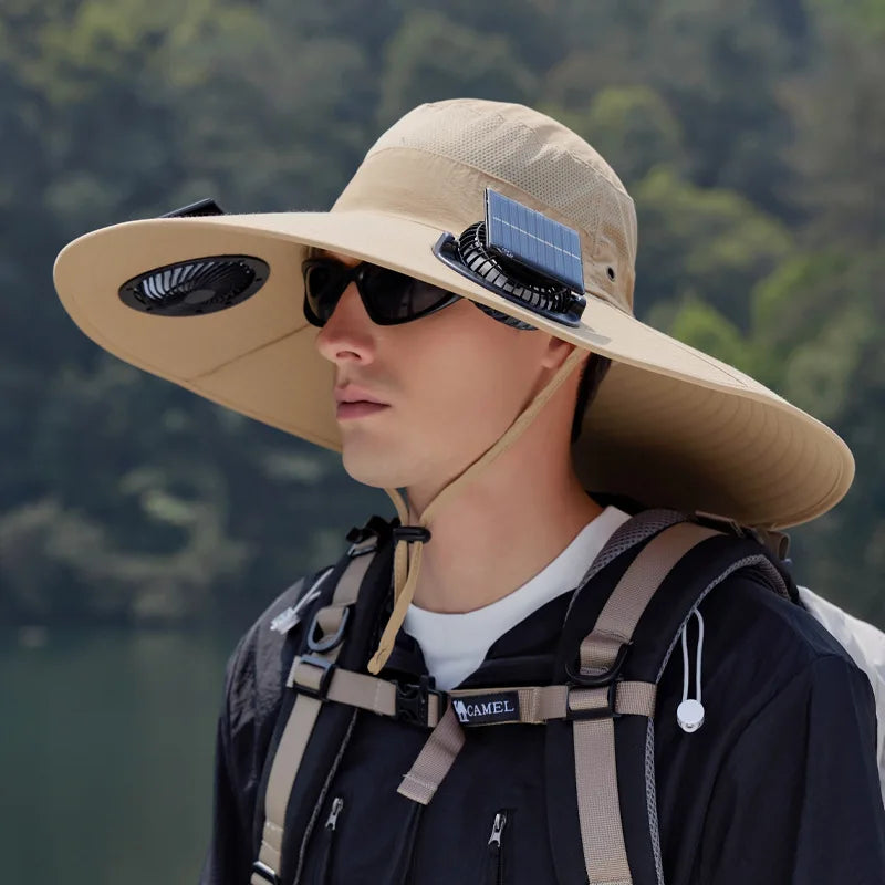Summer New Dual Solar Fan Hat for Men Outdoor Fishing Sun Protection Visor Hat Large Brim Quick Drying Waterproof Bucket Hat