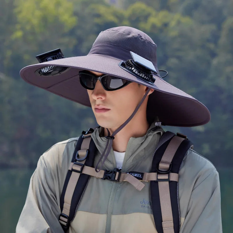 Summer New Dual Solar Fan Hat for Men Outdoor Fishing Sun Protection Visor Hat Large Brim Quick Drying Waterproof Bucket Hat