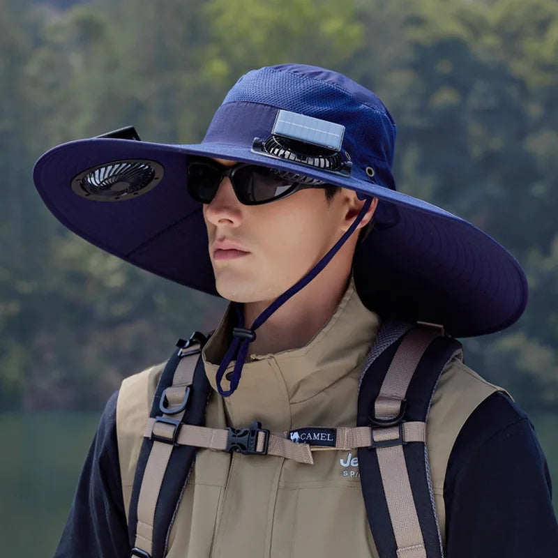 Summer New Dual Solar Fan Hat for Men Outdoor Fishing Sun Protection Visor Hat Large Brim Quick Drying Waterproof Bucket Hat