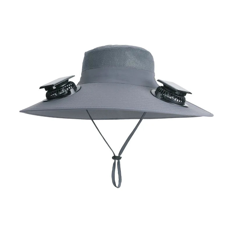 Summer New Dual Solar Fan Hat for Men Outdoor Fishing Sun Protection Visor Hat Large Brim Quick Drying Waterproof Bucket Hat