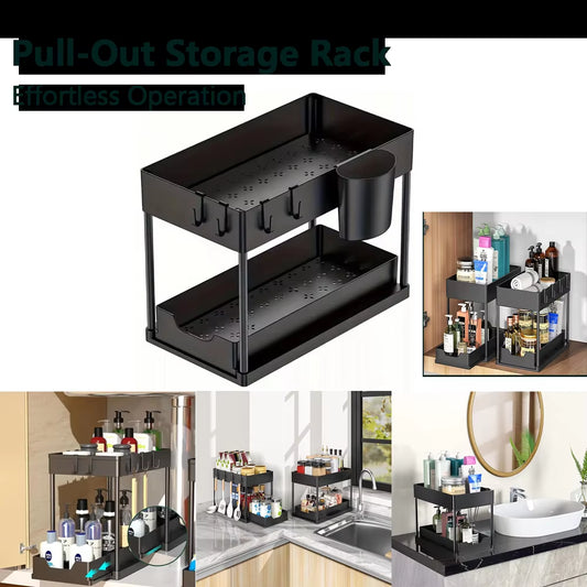 Under-Sink Pull-Out Storage Organizer: Slim Slide-Out Shelf for Kitchen Cabinets | Multi-Functional Space Saver Storage Rack