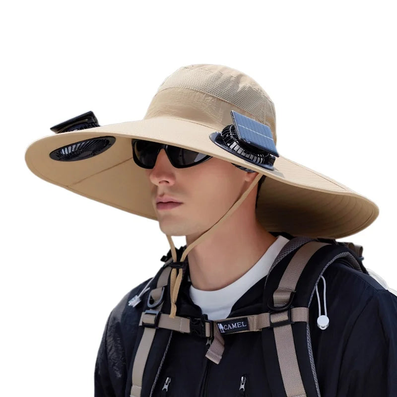 Summer New Dual Solar Fan Hat for Men Outdoor Fishing Sun Protection Visor Hat Large Brim Quick Drying Waterproof Bucket Hat
