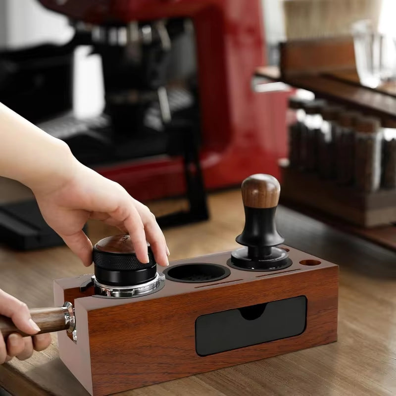 51-58MM Espresso Tamper Station Wooden Coffee Tamper Station with Silicone Mat Anti-Slip Coffee Tamper Holder Barista Accessory