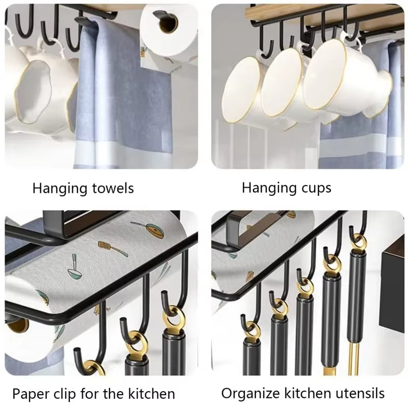 Kitchen under Cupboard Hanging Organizer Rack with Hook Paper Towel Rags Hanger Cutting Board Pot Cover Holder Storage Shelf