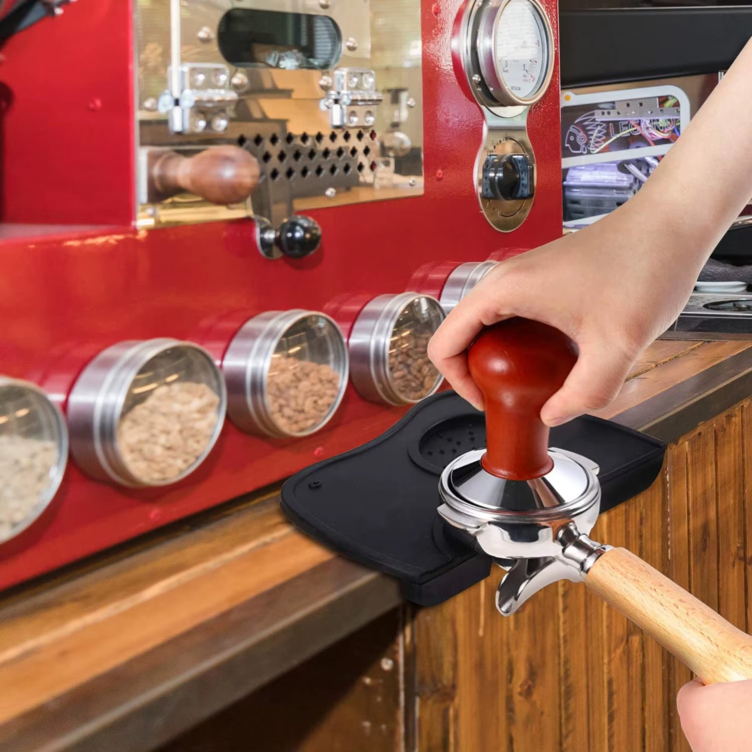 Espresso Knock Box and Coffee Tamper Mat Reliable Barista Tools with Removable Knock Bar Non-Slip Base Espresso Tamper Mat