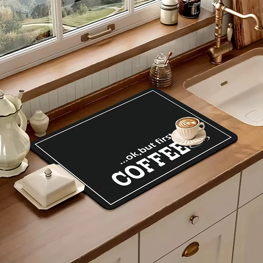 1Pc Black Letter Coffee Printed Coffee Machine Mat Modern Minimalist Style Kitchen Counter Quick Water Absorption Drying Mat