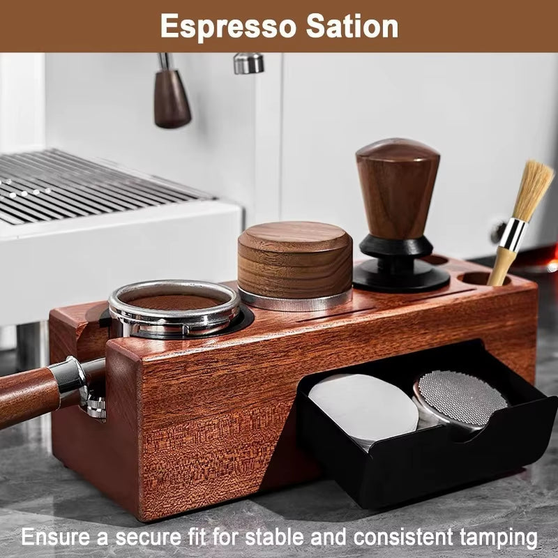 51-58MM Espresso Tamper Station Wooden Coffee Tamper Station with Silicone Mat Anti-Slip Coffee Tamper Holder Barista Accessory