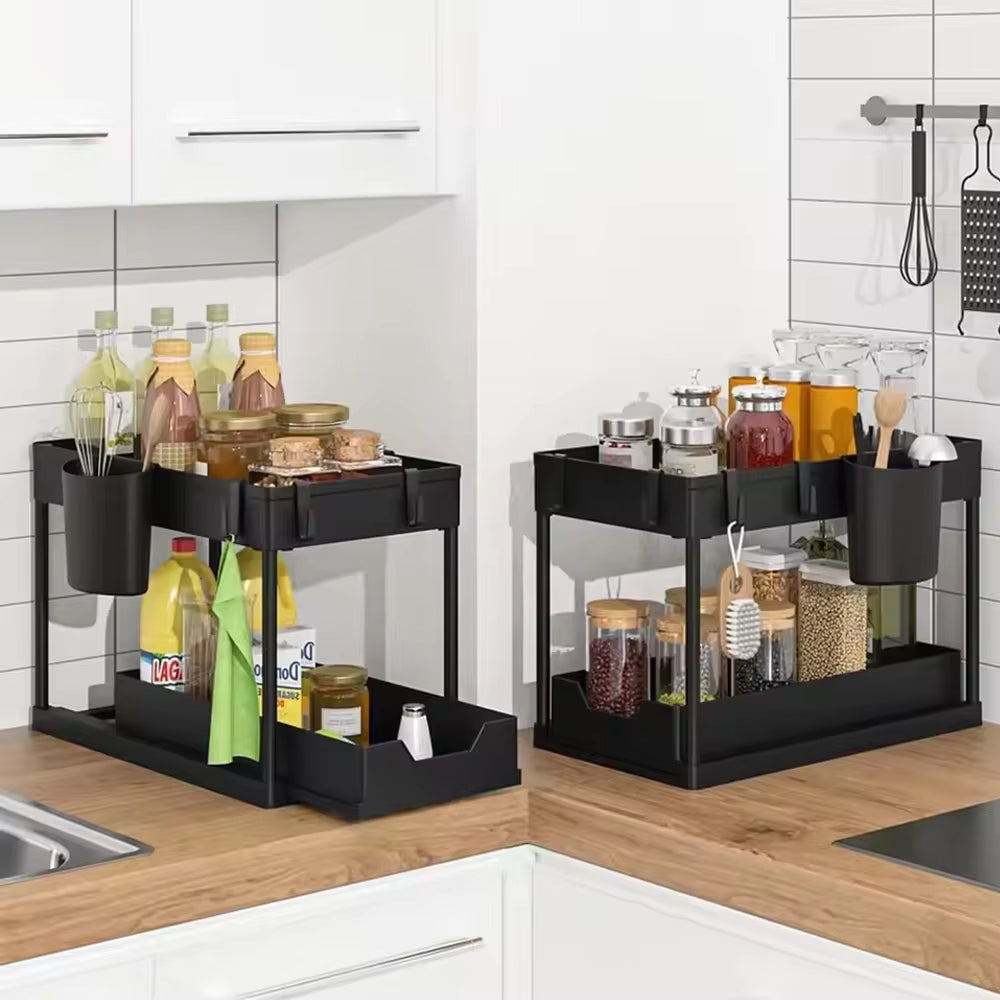 Under-Sink Pull-Out Storage Organizer: Slim Slide-Out Shelf for Kitchen Cabinets | Multi-Functional Space Saver Storage Rack