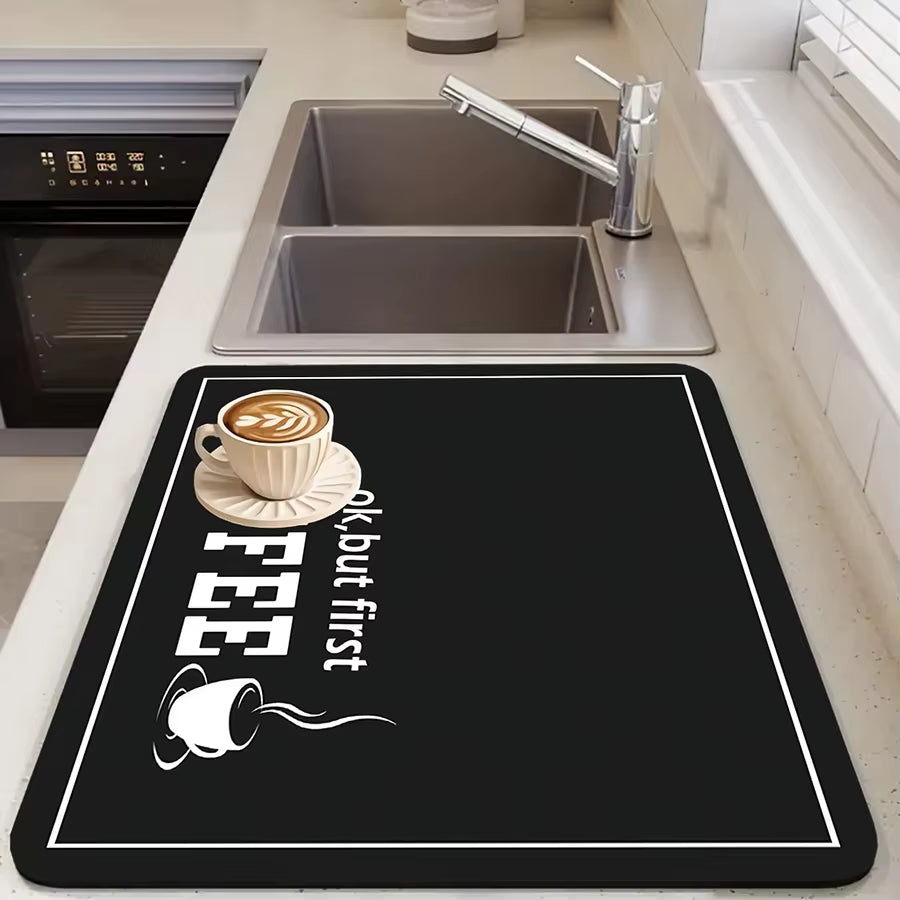 1Pc Black Letter Coffee Printed Coffee Machine Mat Modern Minimalist Style Kitchen Counter Quick Water Absorption Drying Mat