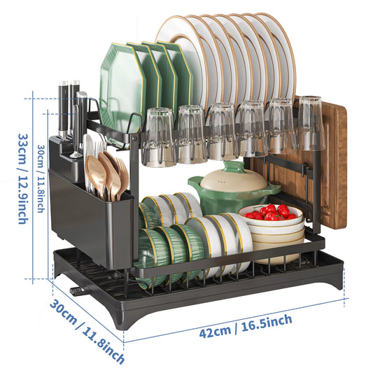 2 Tier,Dish Drying Rack,Cutlery Rack with Spout and Draining Tray,Cutlery Holder,Cup Holder,Kitchen Countertop Storage Rack