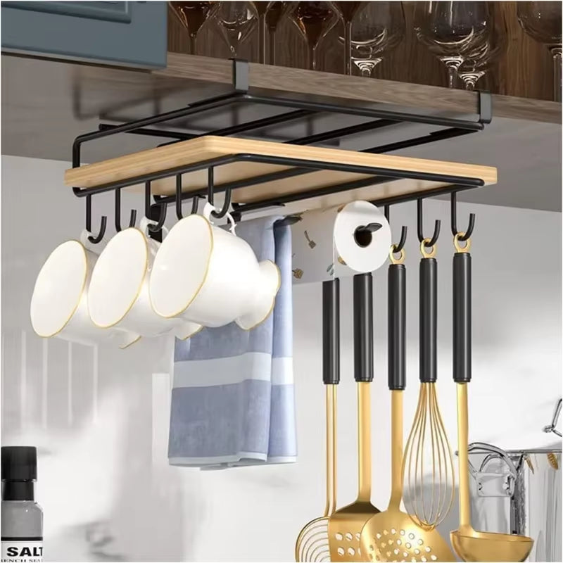 Kitchen under Cupboard Hanging Organizer Rack with Hook Paper Towel Rags Hanger Cutting Board Pot Cover Holder Storage Shelf