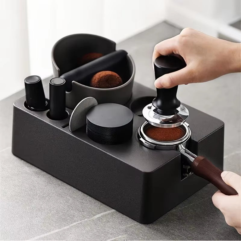 Coffee Tamper Station Coffee Tamper Holder Base Espresso Tamper Station with Knock Box Adjustable Height Coffee Bar Accessories