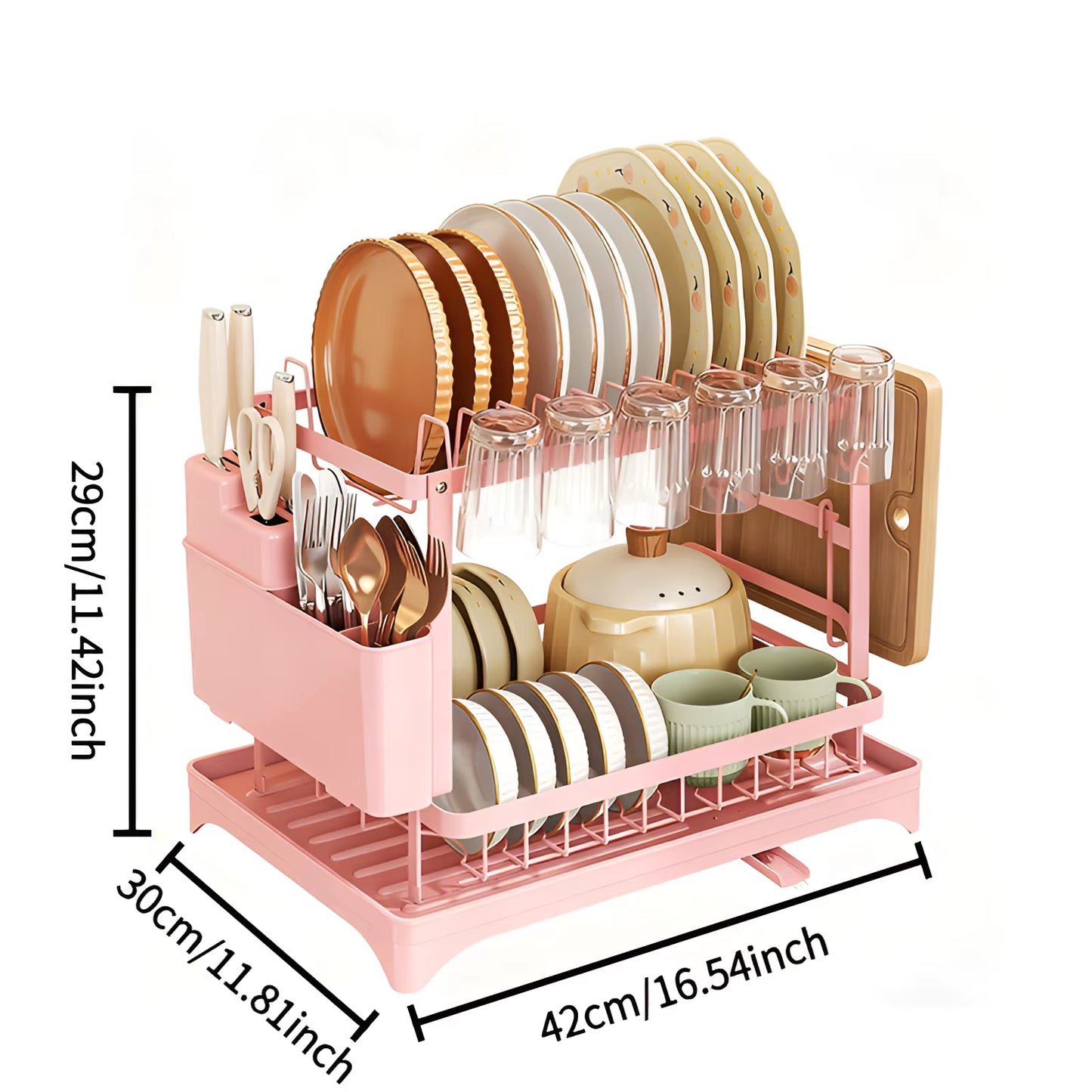 2 Tier,Dish Drying Rack,Cutlery Rack with Spout and Draining Tray,Cutlery Holder,Cup Holder,Kitchen Countertop Storage Rack