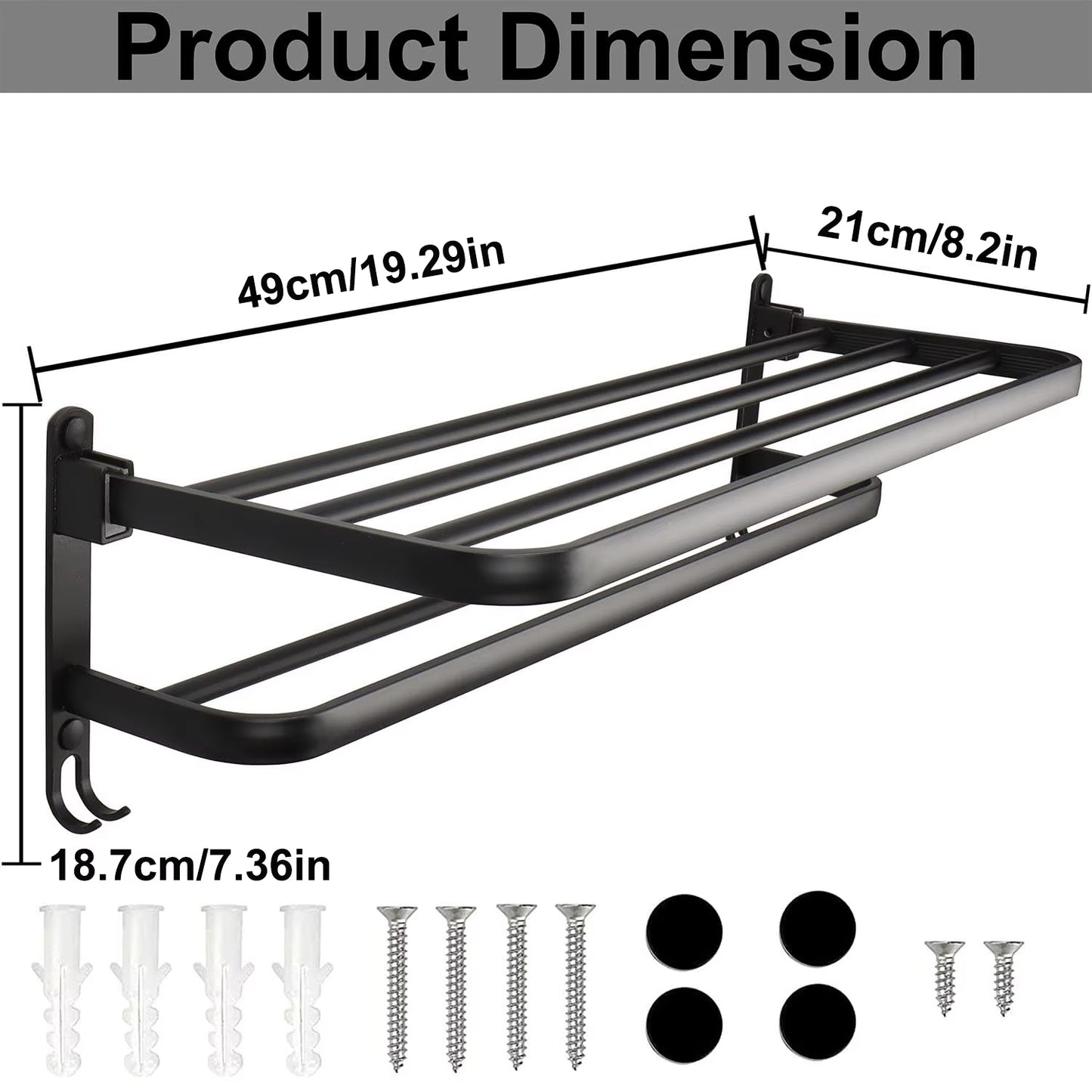 50CM Matte Black Folding Holder with Hook Towel Holder Wall Mount Aluminumtowel Rack Bathroom Shower Rack Bathroom Accessories