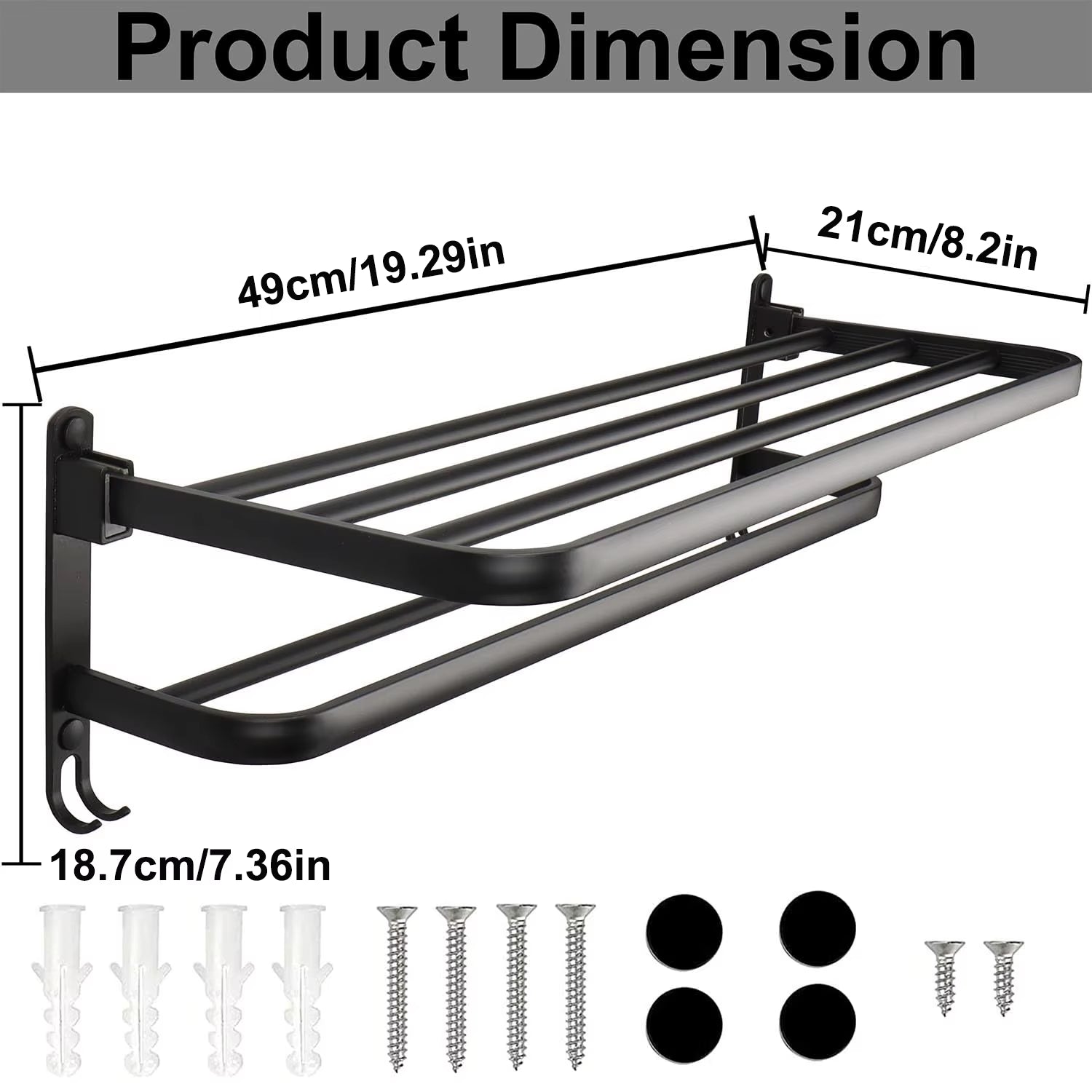 50CM Matte Black Folding Holder with Hook Towel Holder Wall Mount Aluminumtowel Rack Bathroom Shower Rack Bathroom Accessories