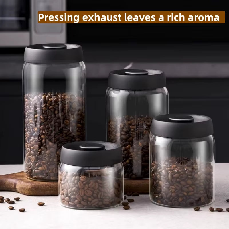 Multi Capacity Black Lid Coffee Pot Manual Vacuum Moisture-Proof Storage Pot Kitchen Glass Teapot Coffee Bean Storage Sealed Jar