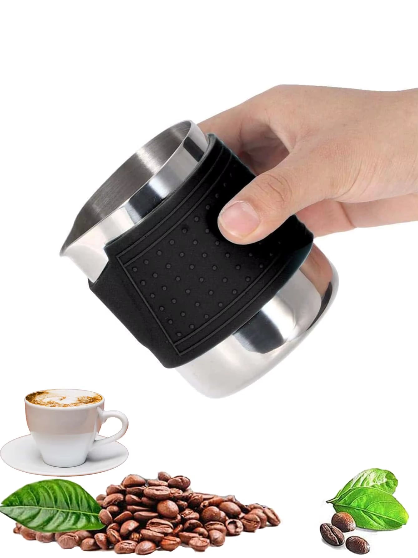 Milk Frothing Pitcher Latte Cup,Frothing Cup with Anti-Scald Black Silicone Sleeve Cappuccino Milk Froth,Stainless Steel