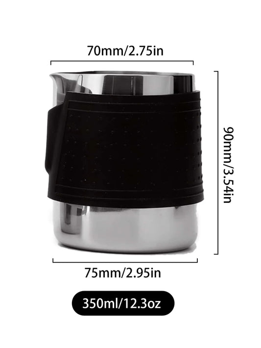 Milk Frothing Pitcher Latte Cup,Frothing Cup with Anti-Scald Black Silicone Sleeve Cappuccino Milk Froth,Stainless Steel
