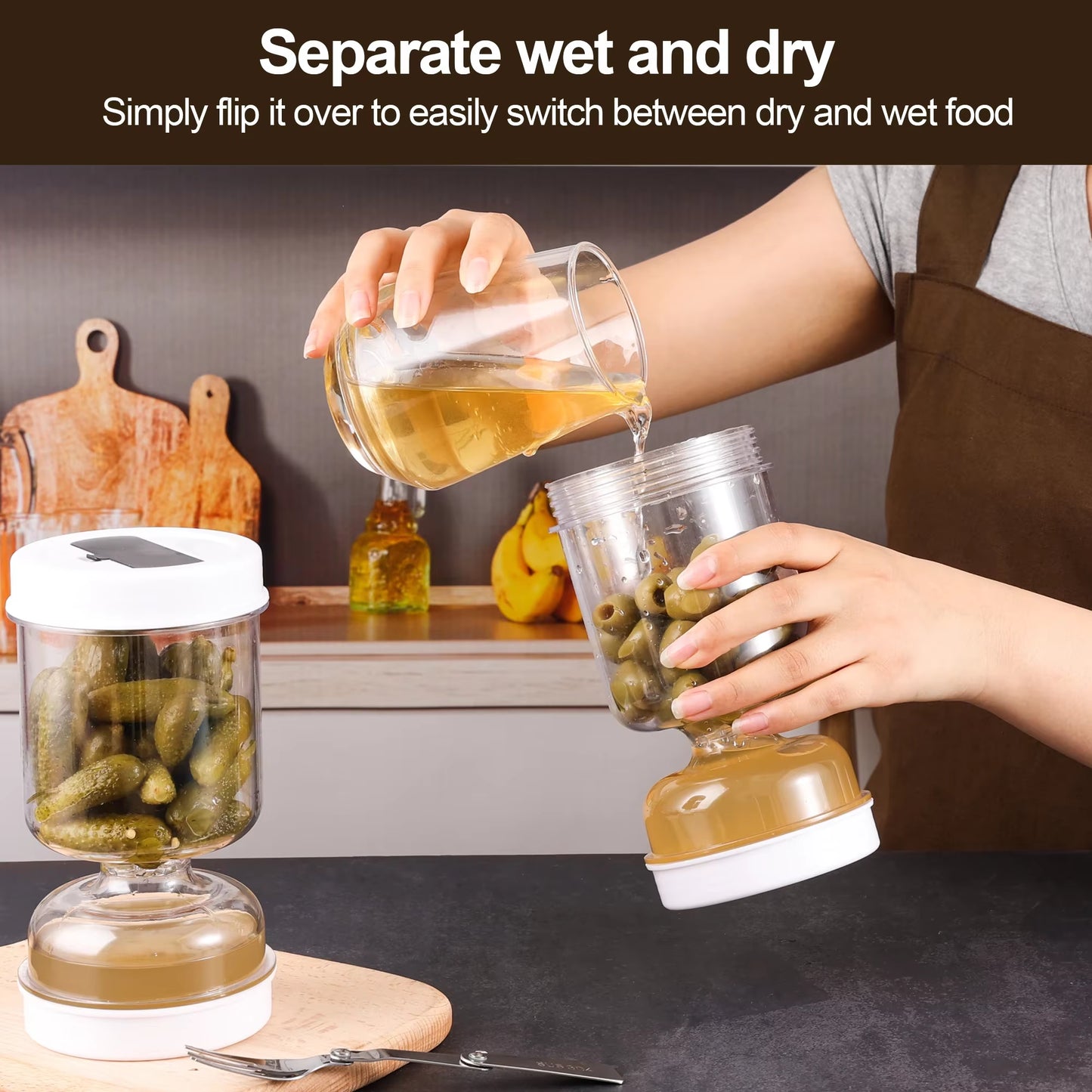Pickles Jar with Forks Dry and Wet Dispenser Pickle and Olives Hourglass Jar Cucumber Container for Kitchen Juice Separator Tool