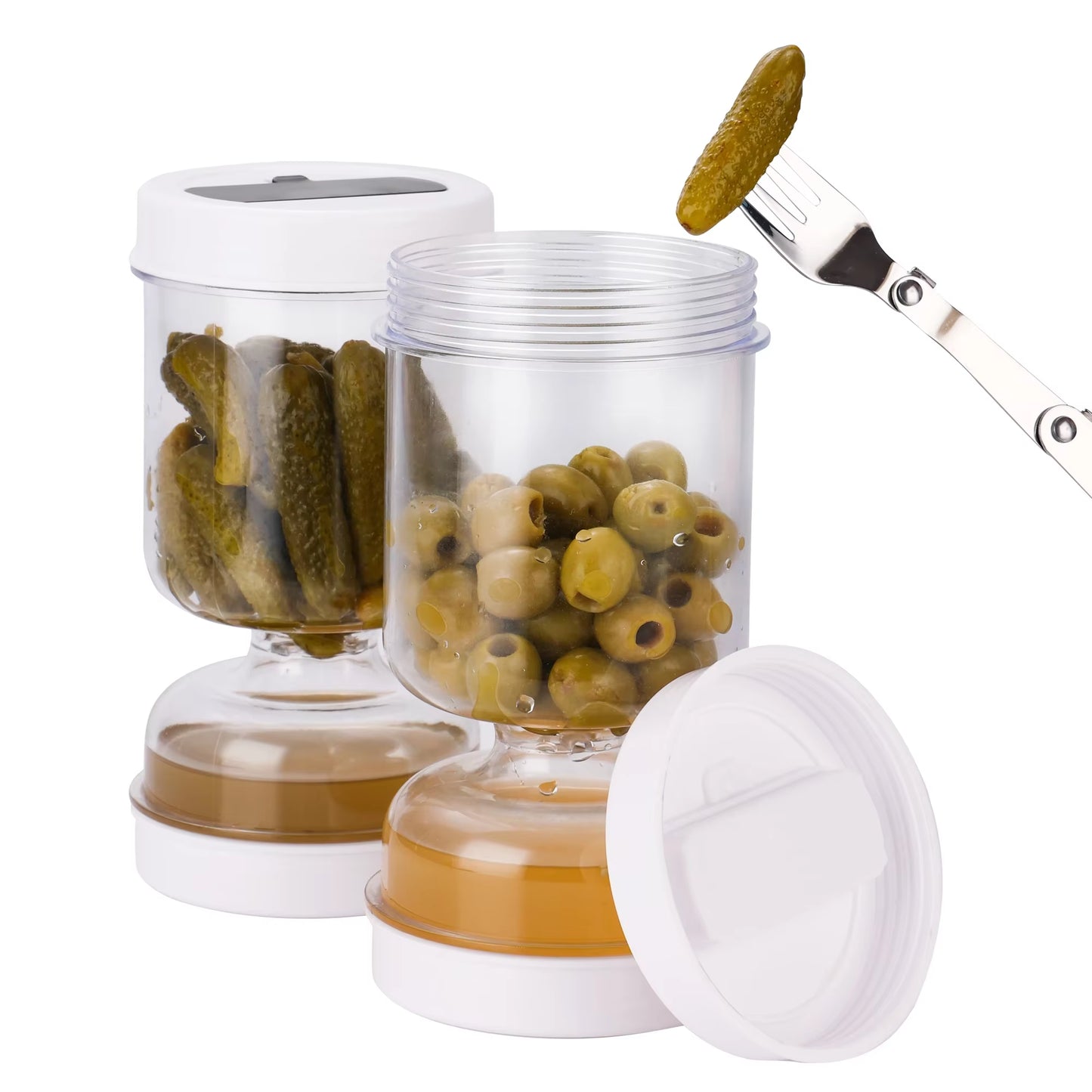 Pickles Jar with Forks Dry and Wet Dispenser Pickle and Olives Hourglass Jar Cucumber Container for Kitchen Juice Separator Tool