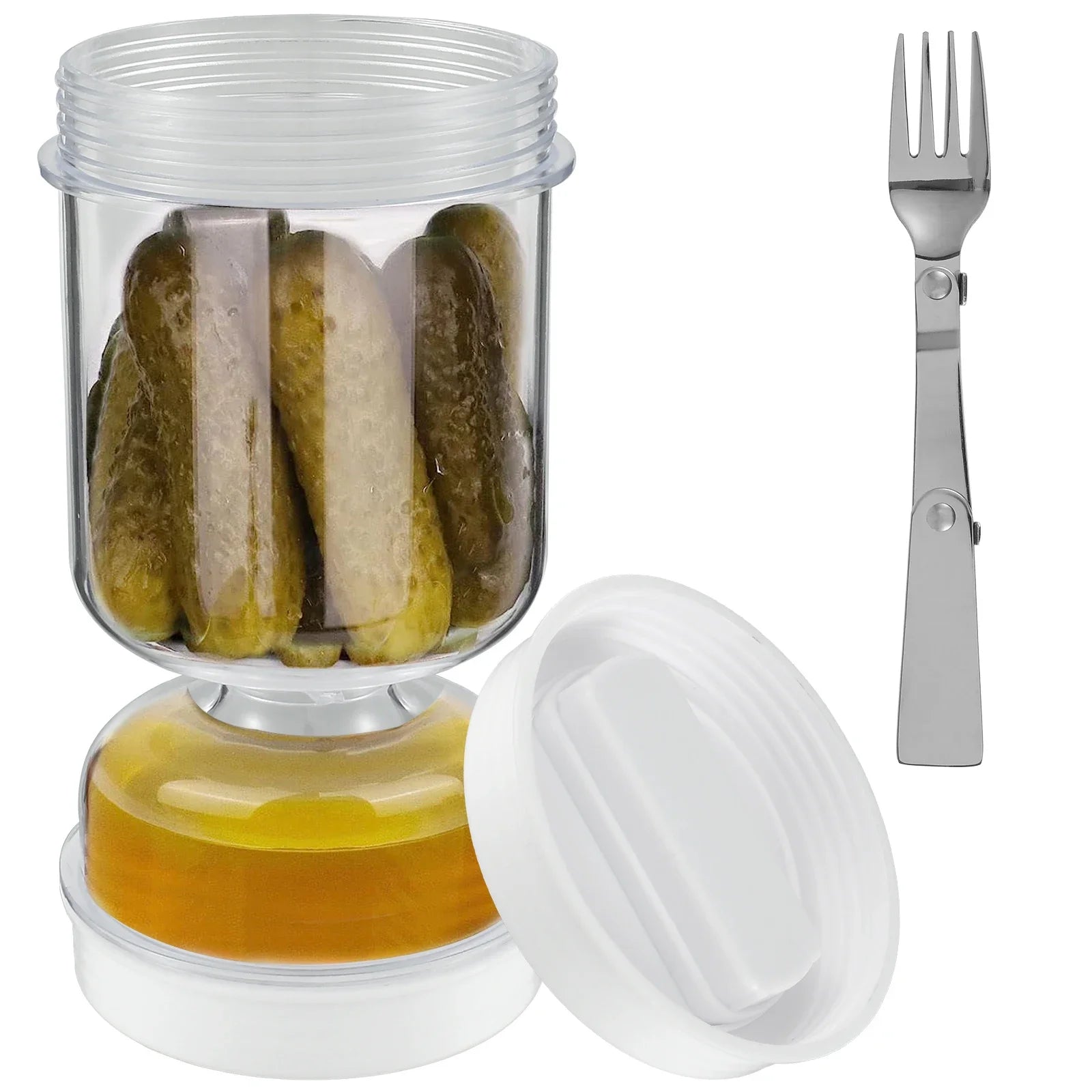 Pickles Jar with Forks Dry and Wet Dispenser Pickle and Olives Hourglass Jar Cucumber Container for Kitchen Juice Separator Tool