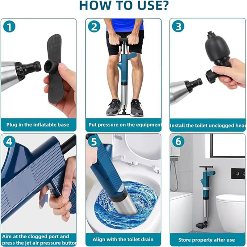 Pneumatic High-Pressure Drain Blaster Tool Set, Stainless Steel Toilet Plunger & Pipe Dredger Unblocker Kit​