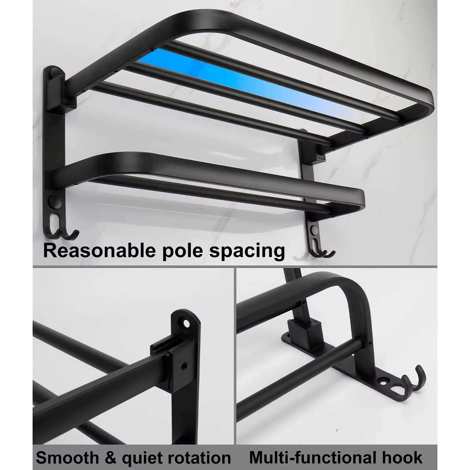 50CM Matte Black Folding Holder with Hook Towel Holder Wall Mount Aluminumtowel Rack Bathroom Shower Rack Bathroom Accessories