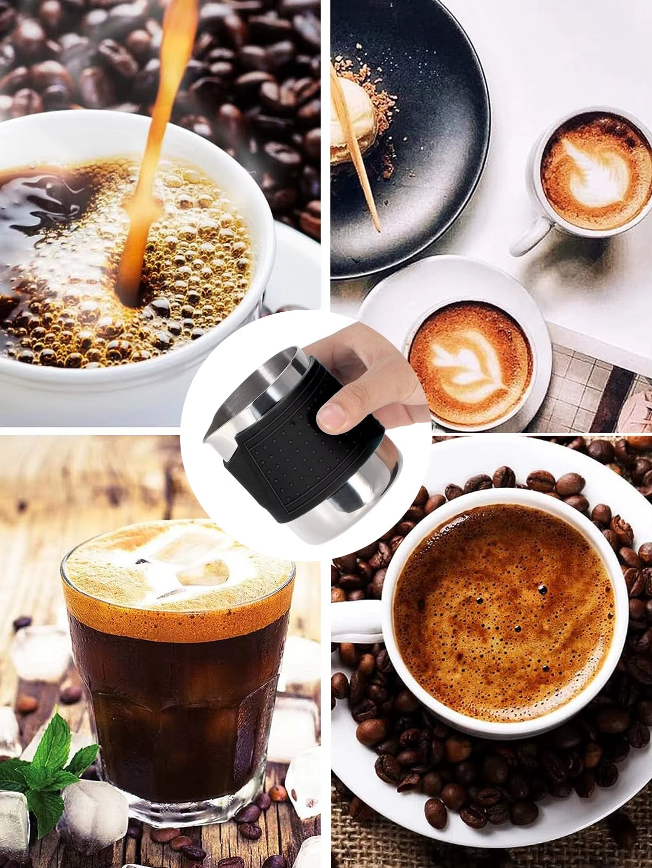 Milk Frothing Pitcher Latte Cup,Frothing Cup with Anti-Scald Black Silicone Sleeve Cappuccino Milk Froth,Stainless Steel