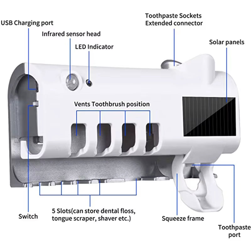 Solar Energy Bathroom Toothbrush Storage Box Toothbrush Holder Toothpaste Dispenser Multi-Function Storage Holder USB Charger