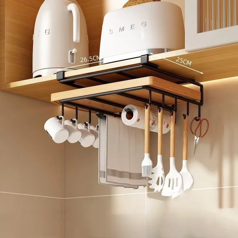 Kitchen under Cupboard Hanging Organizer Rack with Hook Paper Towel Rags Hanger Cutting Board Pot Cover Holder Storage Shelf