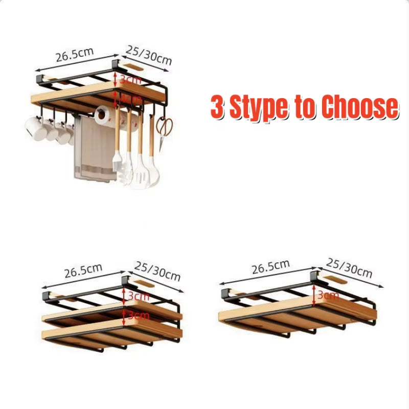 Kitchen under Cupboard Hanging Organizer Rack with Hook Paper Towel Rags Hanger Cutting Board Pot Cover Holder Storage Shelf