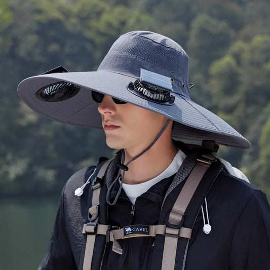 Summer New Dual Solar Fan Hat for Men Outdoor Fishing Sun Protection Visor Hat Large Brim Quick Drying Waterproof Bucket Hat