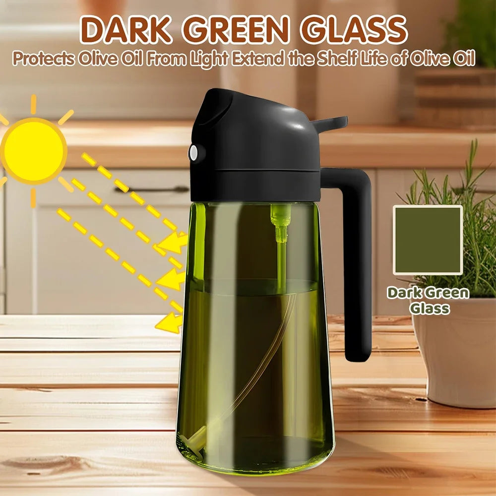 470Ml/16Oz Light-Blocking Dark Oil Sprayer for Cooking 2 in 1 Olive Oil Dispenser Bottle for Kitchen Dark Green Glass Oil Bottle