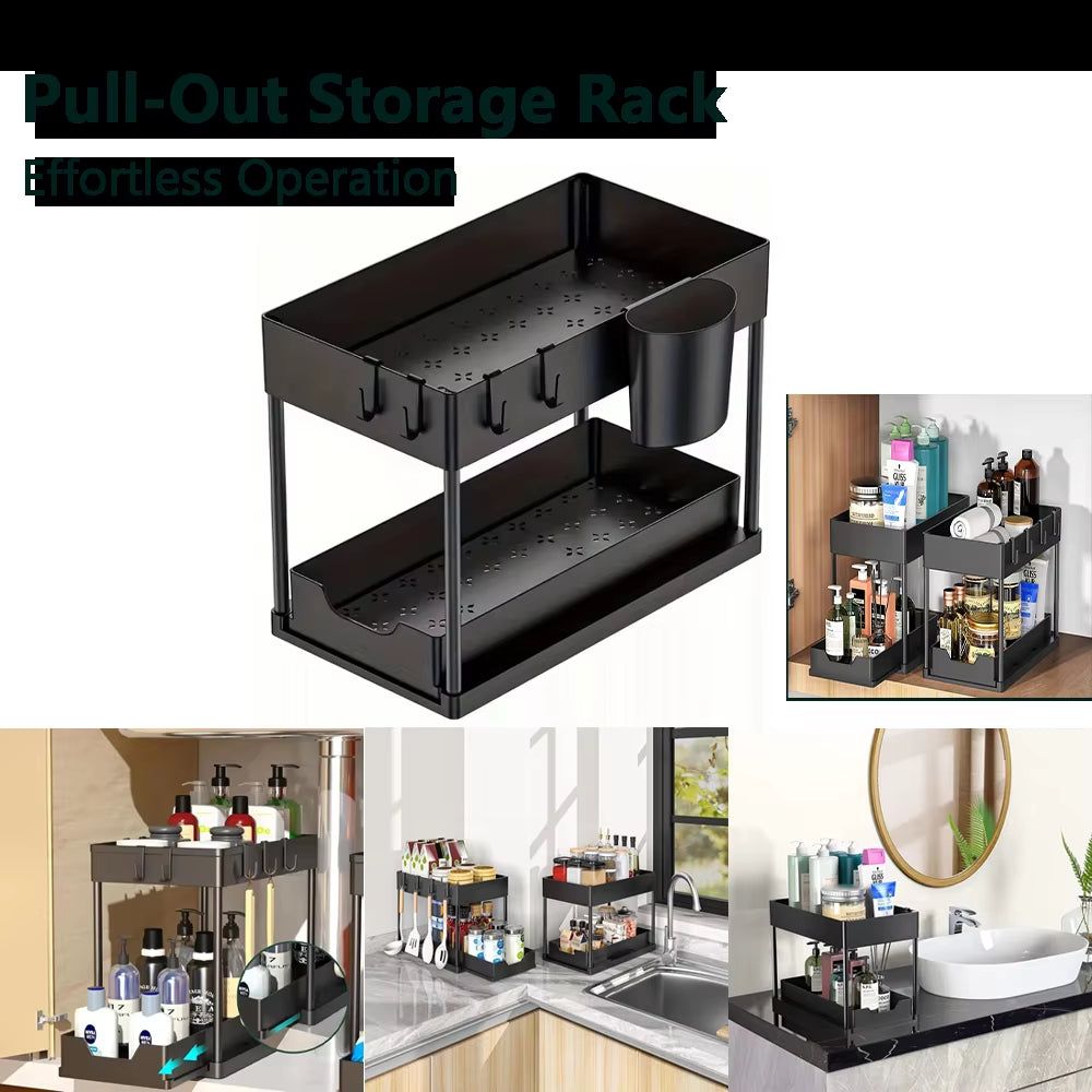 Under-Sink Pull-Out Storage Organizer: Slim Slide-Out Shelf for Kitchen Cabinets | Multi-Functional Space Saver Storage Rack