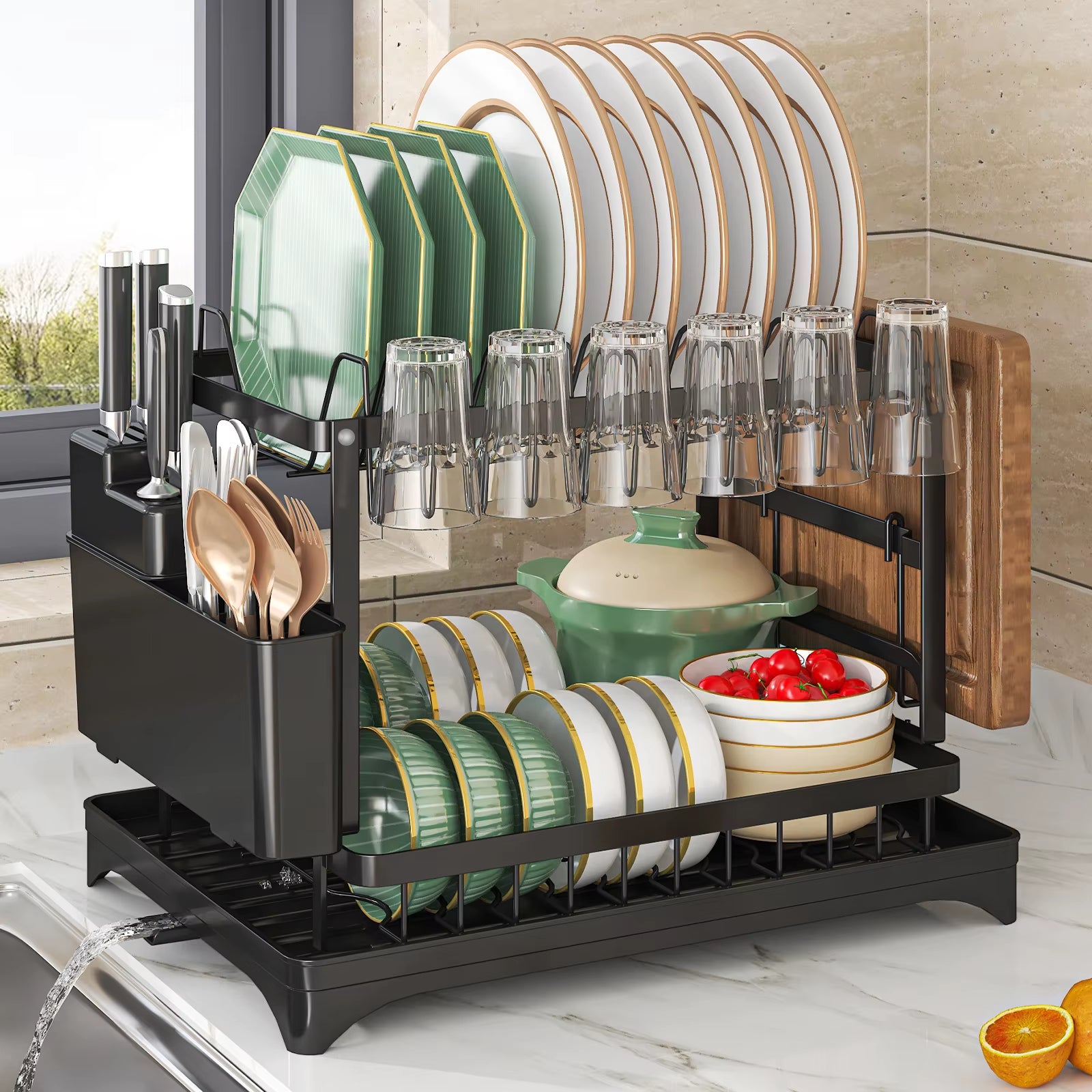 2 Tier,Dish Drying Rack,Cutlery Rack with Spout and Draining Tray,Cutlery Holder,Cup Holder,Kitchen Countertop Storage Rack