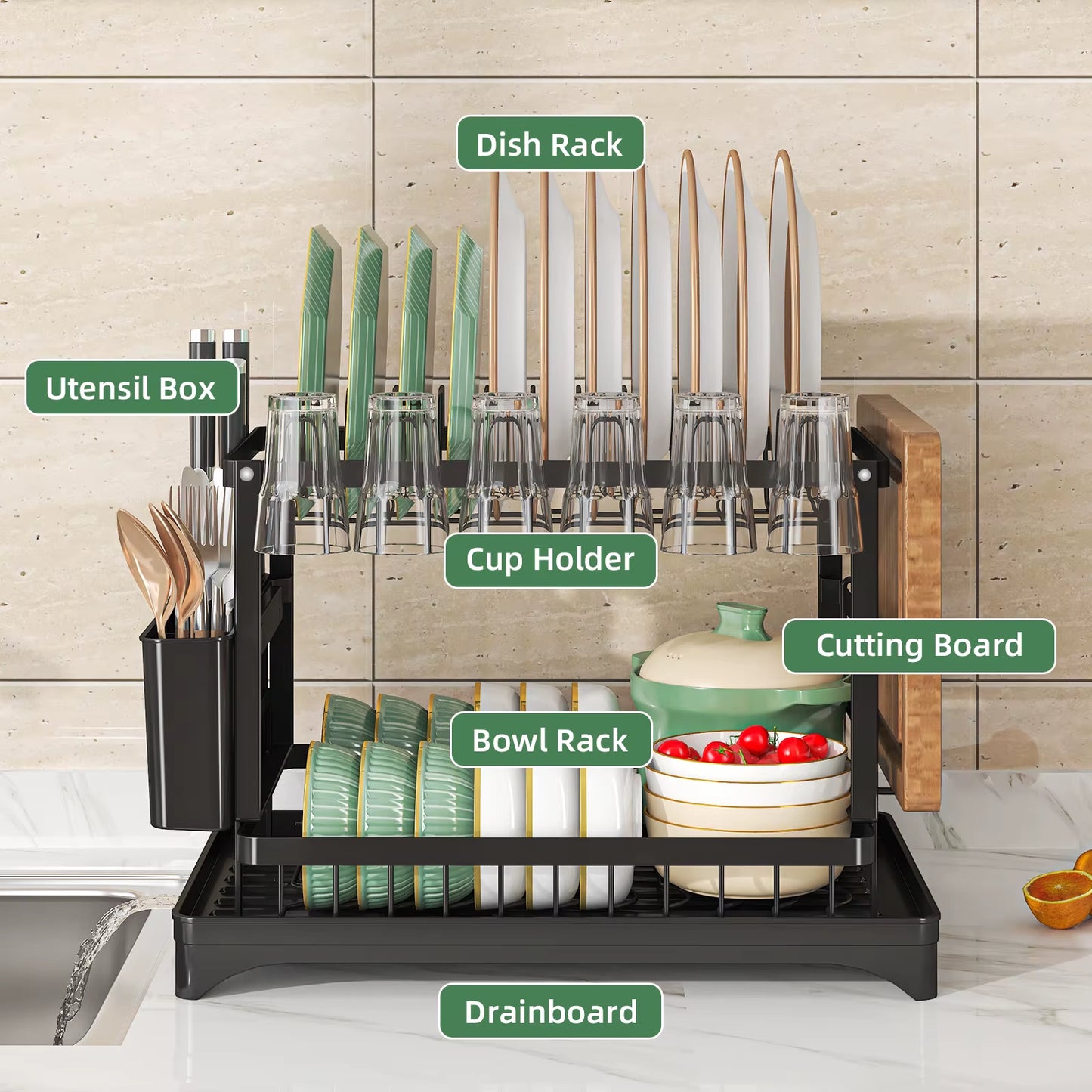 2 Tier,Dish Drying Rack,Cutlery Rack with Spout and Draining Tray,Cutlery Holder,Cup Holder,Kitchen Countertop Storage Rack
